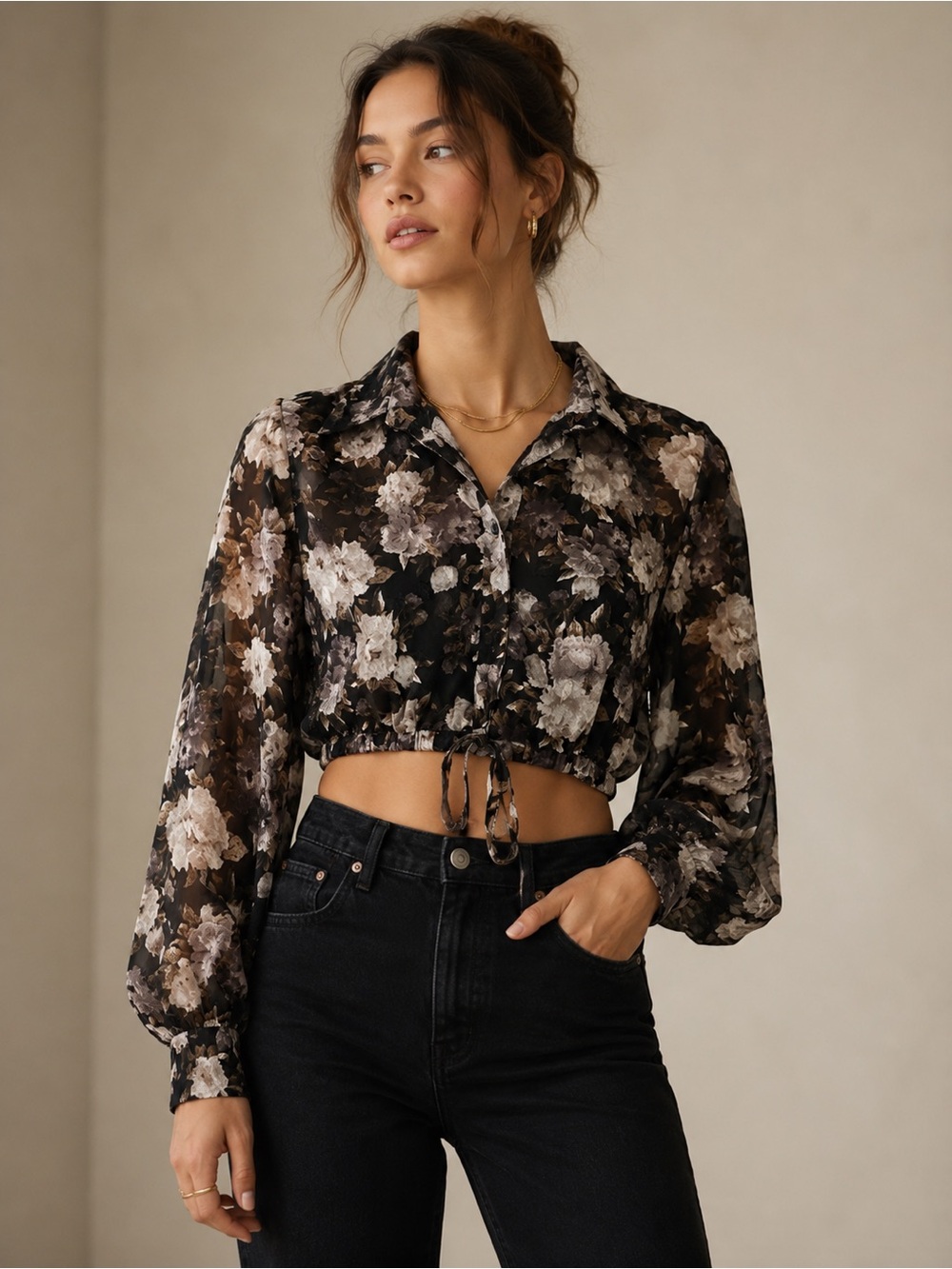 En Saison Anthropologie Black Floral Sheer Crop Blouse XS S Drawstring